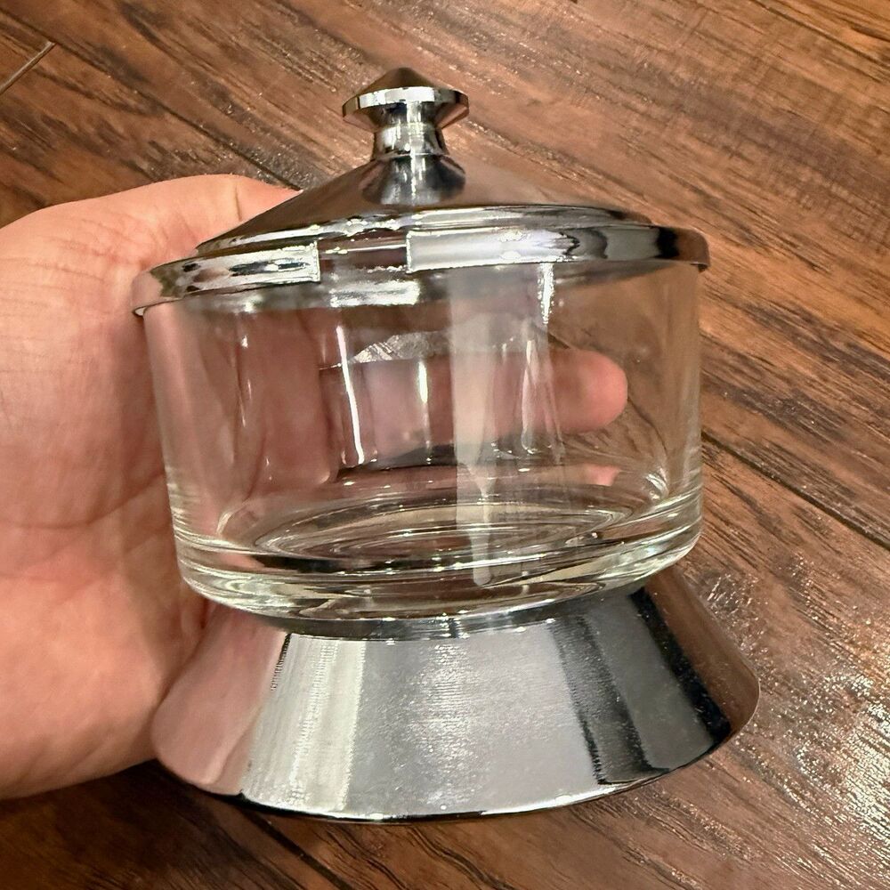 Magnificent Mug Glass Sugar Bowl w Metal Lid Vintage Retro Clear Silver 45001 E8